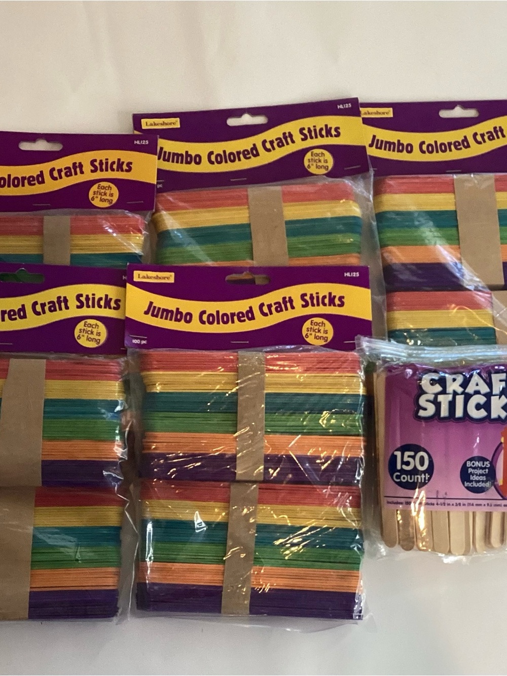 New Lot Bunk Of 5-100 Count Jumbo Colored Craft Sticks &150 Small Wood Popsicle